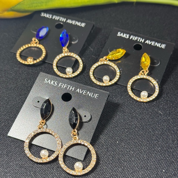 Saks Fifth Ave Yellow Marquis Crystal Post Drop Pave Crystal Circle w/Faux Pearl - Picture 5 of 8